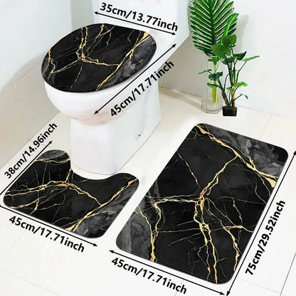 VIKAMA Black Gold Marble Bathroom Mat Set