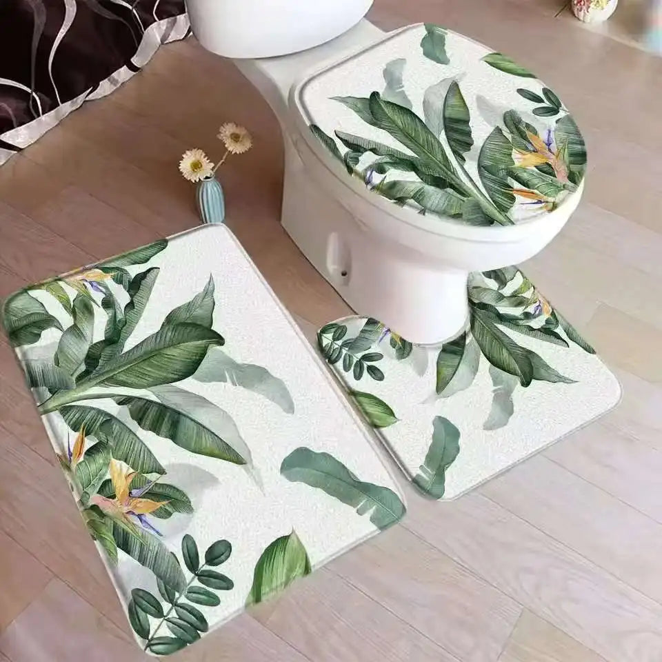 Tropical leaves bathroom mat set palm leaf flannel non-slip rug