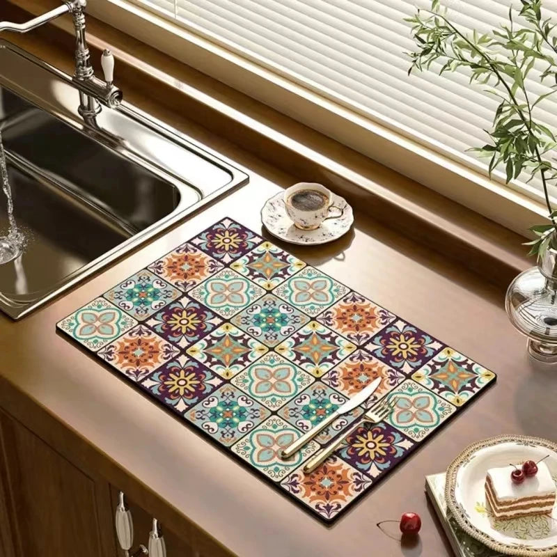VIKAMA Black Marble Dish Drying Mat Super Absorbent Non-Slip Kitchen Counter Rug Bottle Kettle Dinnerware Bar Mat Home Decor