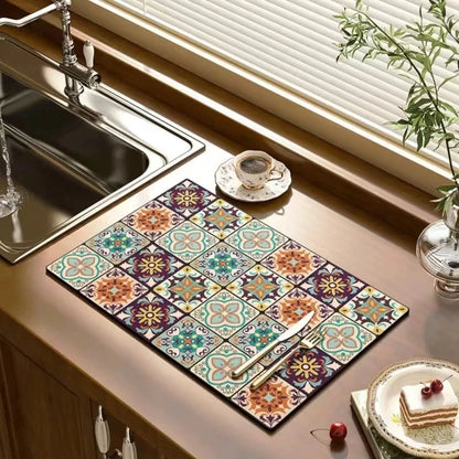 VIKAMA Black Marble Dish Drying Mat Super Absorbent Non-Slip Kitchen Counter Rug Bottle Kettle Dinnerware Bar Mat Home Decor