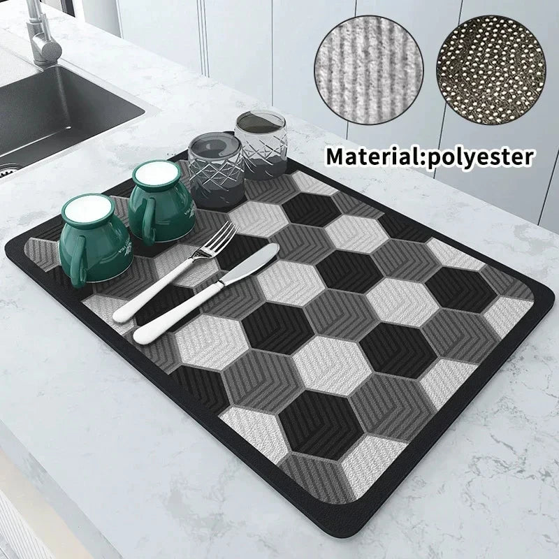 VIKAMA Black Marble Dish Drying Mat Super Absorbent Non-Slip Kitchen Counter Rug Bottle Kettle Dinnerware Bar Mat Home Decor