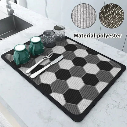 VIKAMA Black Marble Dish Drying Mat Super Absorbent Non-Slip Kitchen Counter Rug Bottle Kettle Dinnerware Bar Mat Home Decor