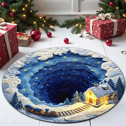 Christmas Round Carpet Blue Snow 3D Printed Non-Slip Rug Living Room Holiday Party Decor Christmas Gift