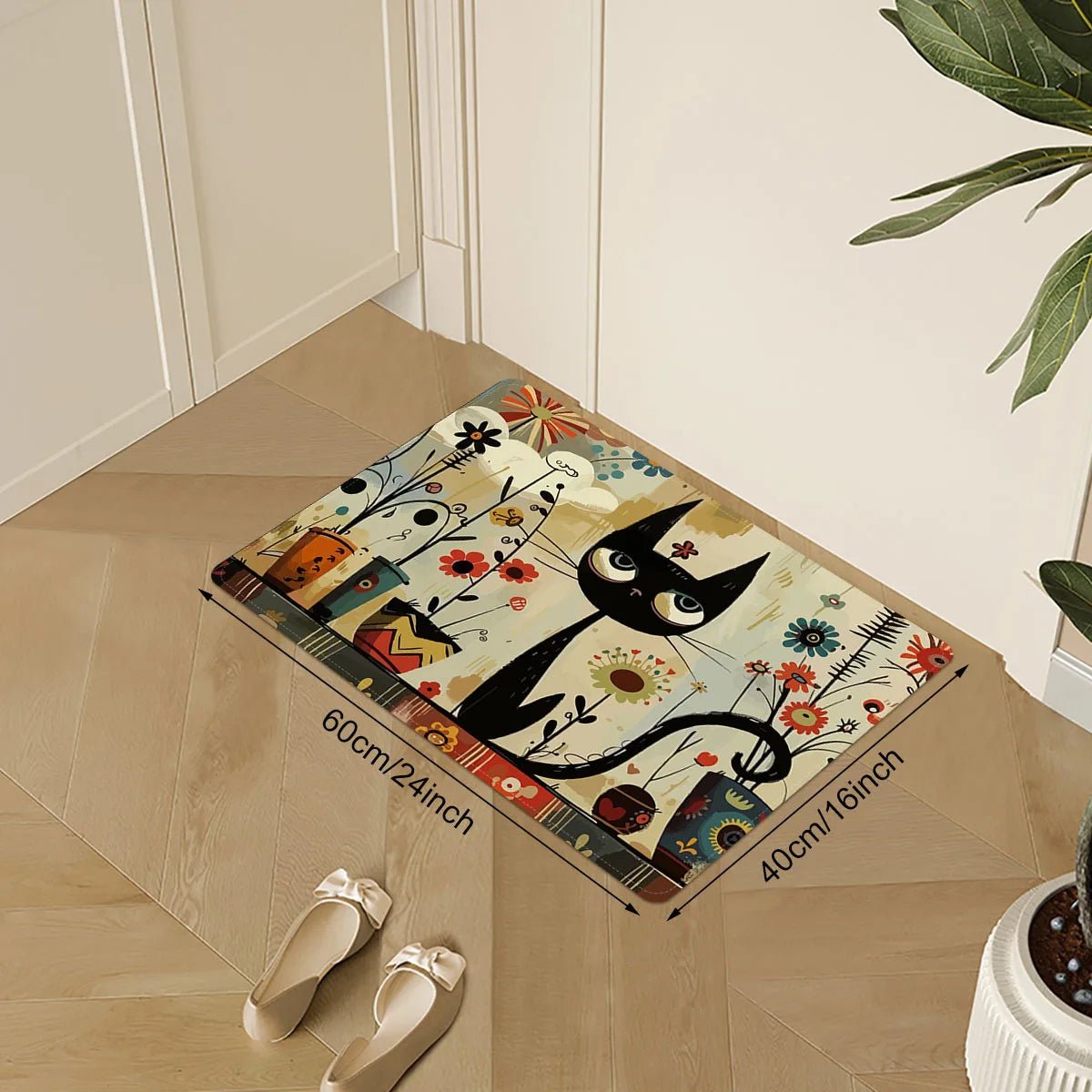VIKAMA Black Cat Pattern Rug Waterproof Non-Slip Kitchen Long Carpet Bathroom Bedroom Living Room Floor Mat Home Decor