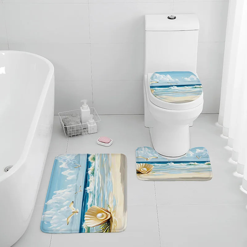 Washable 3-Piece Bathroom Rug Set Non-Slip Ocean Theme Flannel Shell Print Toilet Mat Bathtub Foot Pad Door Rug Home Decor
