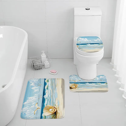 Washable 3-Piece Bathroom Rug Set Non-Slip Ocean Theme Flannel Shell Print Toilet Mat Bathtub Foot Pad Door Rug Home Decor