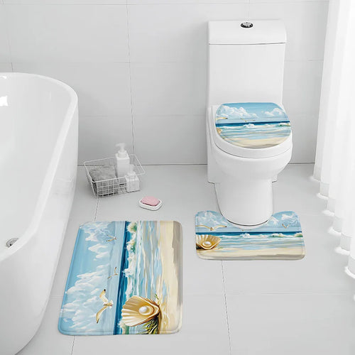 Washable 3-Piece Bathroom Rug Set Non-Slip Ocean Theme Flannel Shell Print Toilet Mat Bathtub Foot Pad Door Rug Home Decor