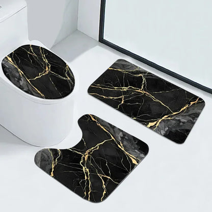 VIKAMA Black Gold Marble Bathroom Mat Set
