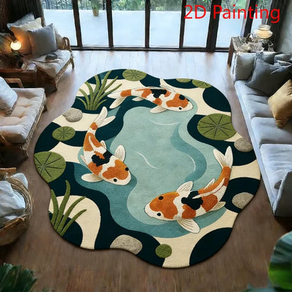 Koi Fish Pattern Round Fluffy Non-Slip Area Rug
