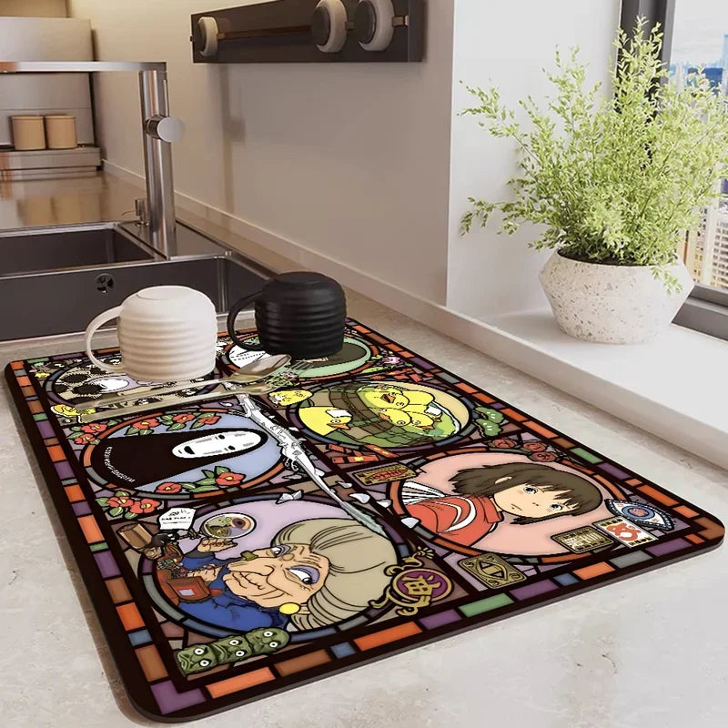 VIKAMA Anime Diatomite Dish Drying Mat Quick-Dry Non-Slip Kitchen Coffee Machine Drain Rug Home Decor