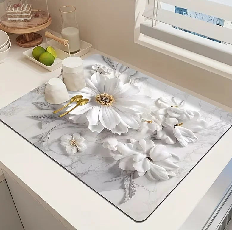 White Floral Absorbent Kitchen Drying Mat