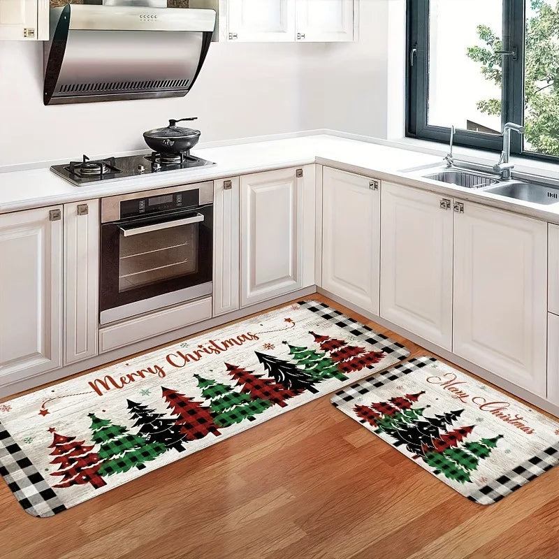 VIKAMA 1/2pcs Christmas Atmosphere Floor Mat Non-slip, Stain-resistant Bathroom Mat Kitchen Rug for Holiday Home Decor