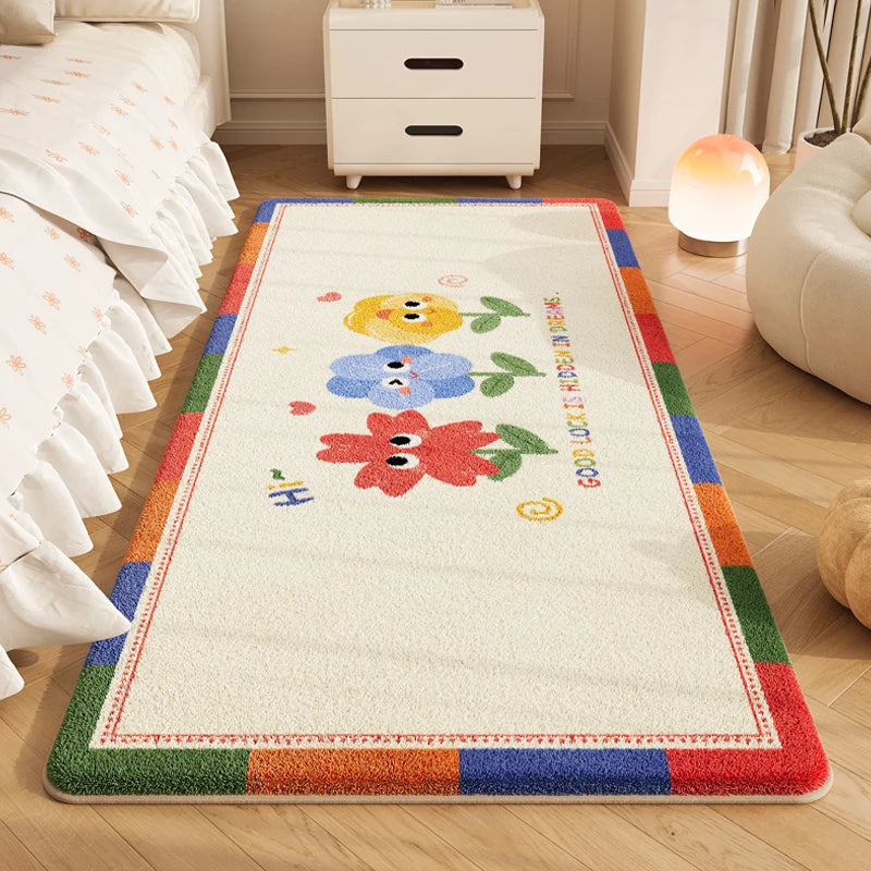 Cartoon Plush Bedside Floor Mat Soft Washable Kids Bedroom Rectangle Carpet