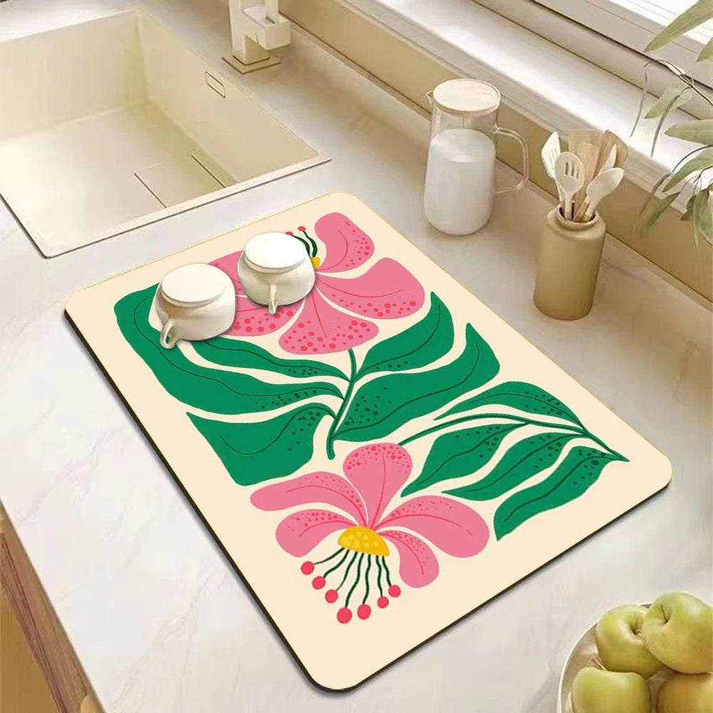 Abstract floral absorbent kitchen drying mat