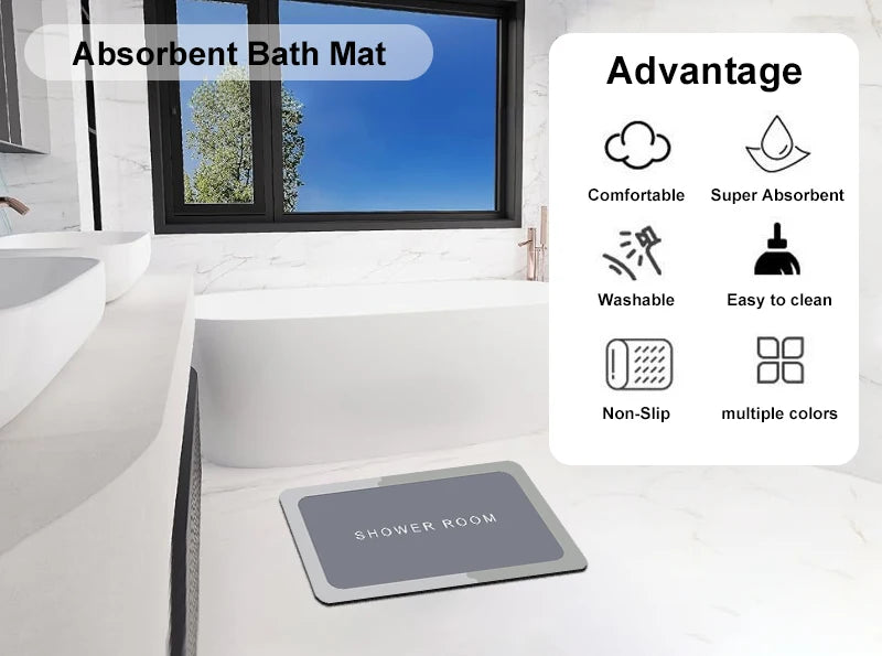 Diatomite Bath Mat Anti-Slip Super Absorbent Quick-Dry Floor Rug Shower Toilet Doormat