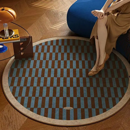 Round Geometric Checkerboard Rug Blue Green Brown Striped Pattern Soft Non-Slip Carpet Living Room Home Decor