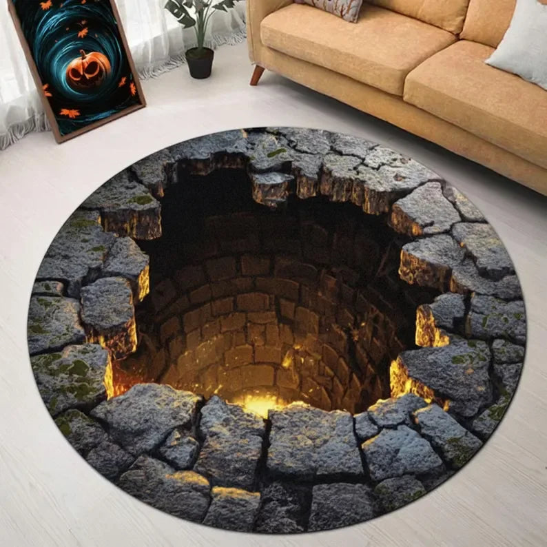 Golden Glow 3D Illusion Christmas Rug Pit Hole Carpet Cozy Holiday Decor Non-Slip Floor Mat Xmas Gift Home Decoration