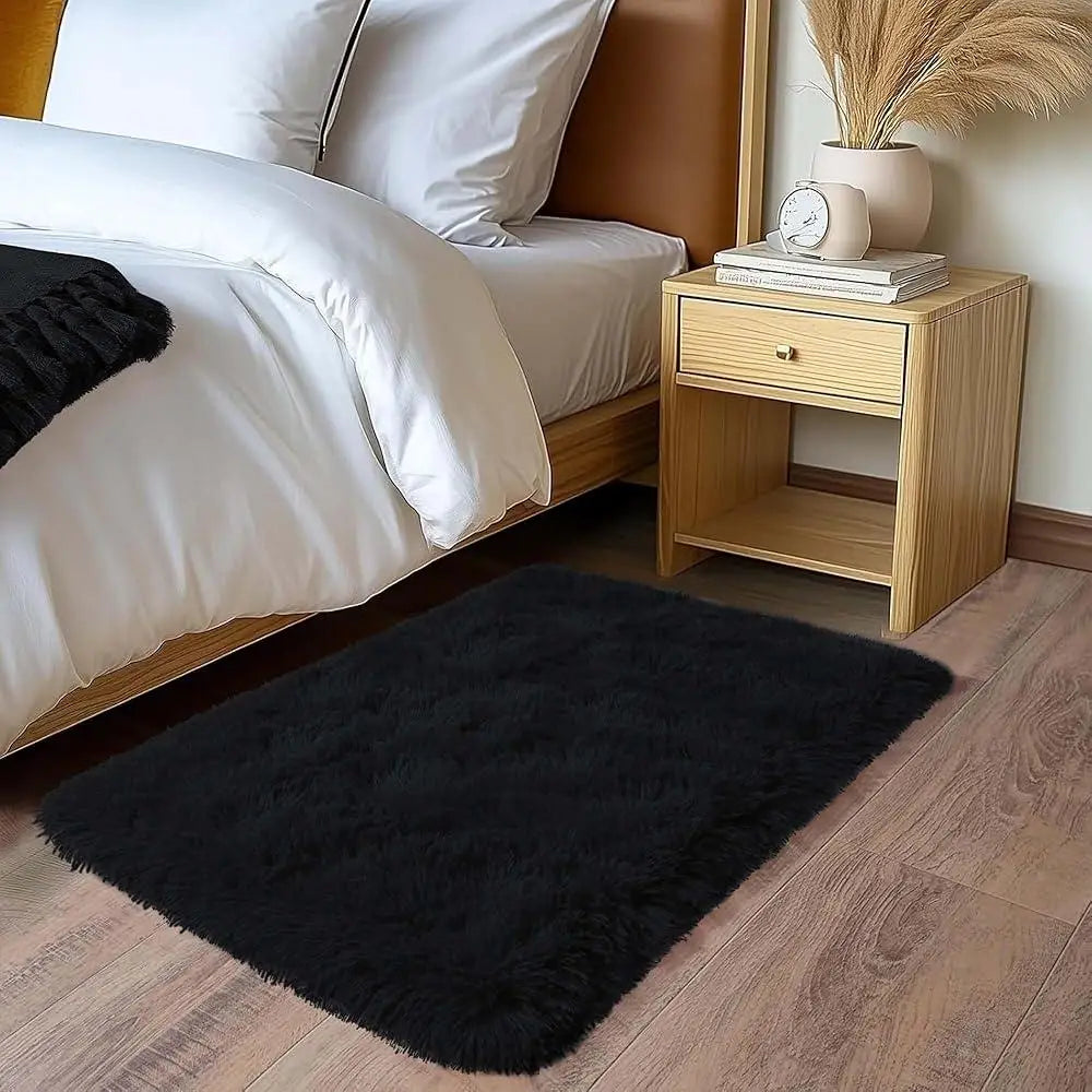VIKAMA Small Black Plush Area Rug Soft Kids Bedroom Bedside Entrance Mat