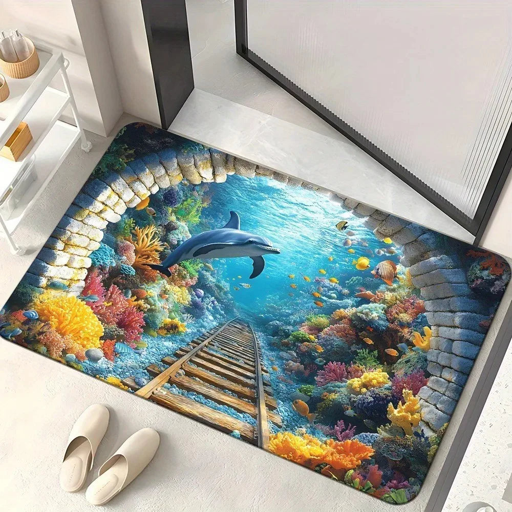 VIKAMA 3D Goldfish Lotus Pond Non-Slip Doormat