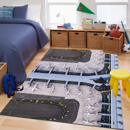 Realistic airport airplane play room rug