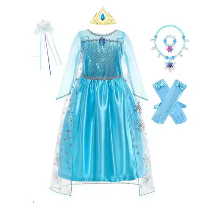 Disney Frozen Elsa Snow Queen Cape Costume Dress For Girls