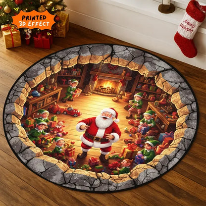 Christmas Santa 3D Round Rug Illusion Printed Carpet Xmas Tree Living Room Holiday Decoration Rug