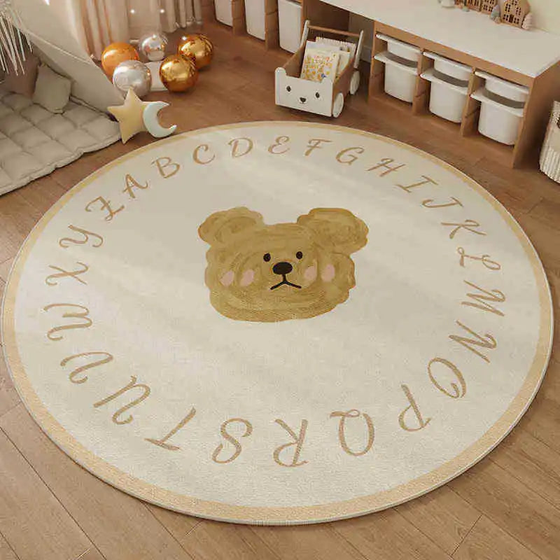 Cute Cartoon Bear ABC Alphabet Round Rug Soft Non-Slip Nordic Style Carpet Kids Nursery Play Area Floor Mat Home Decor