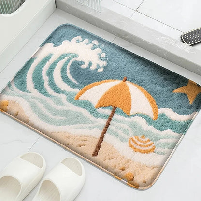 Ocean Theme Bathroom Floor Mat Water-Absorbing Non-Slip Machine Washable Toilet Door Rug Retro Home Decor