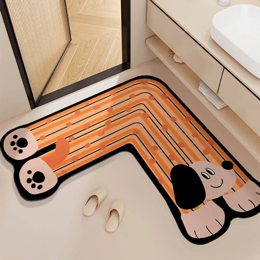 VIKAMA Blue Dog L-Shaped Bath Mat Non-Slip Absorbent Diatomite Kids Bathroom Rug