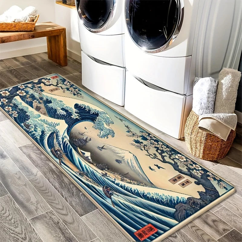 VIKAMA Retro Japanese Ukiyo-e Wave Design, Non-Slip And Dirt-Resistant Rug, For Kitchen, Entrance, Living Room Carpet Home Decor