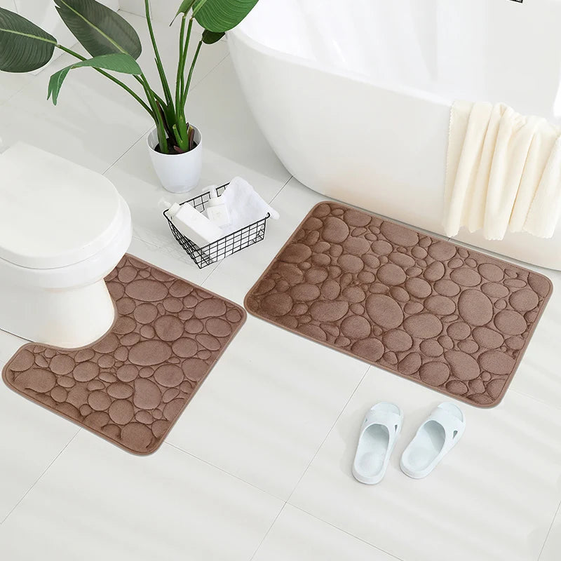 2-Piece Coral Velvet Bathroom Mat Set Pebble Embroidered U-Shaped Toilet Rug Absorbent Non-Slip Door Mat Home Decor