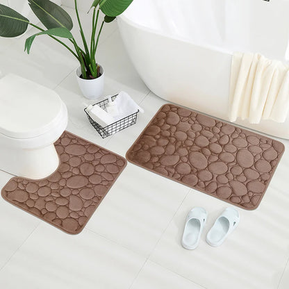 2-Piece Coral Velvet Bathroom Mat Set Pebble Embroidered U-Shaped Toilet Rug Absorbent Non-Slip Door Mat Home Decor
