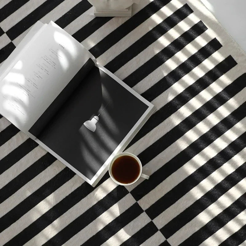 Classic Black & White Striped Plush Area Rug
