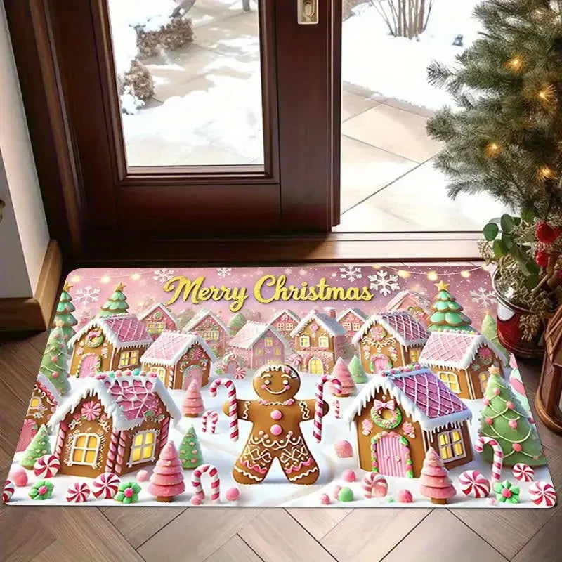 Christmas Gift Box Carpet Gingerbread House Rug Red Green Stripe Bow Candy Cane Non-Slip Entryway Floor Mat Holiday Home Decor