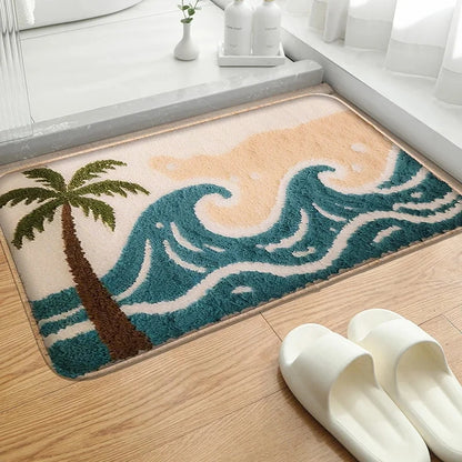 Ocean Theme Bathroom Floor Mat Water-Absorbing Non-Slip Machine Washable Toilet Door Rug Retro Home Decor
