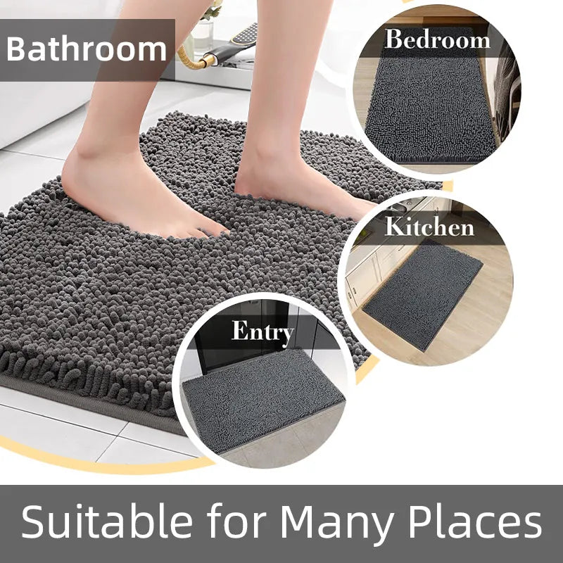 40×60cm Blue Chenille Bath Rug Soft Absorbent Non-Slip Quick-Dry Shower Carpet Machine Washable Bathroom Home Decor