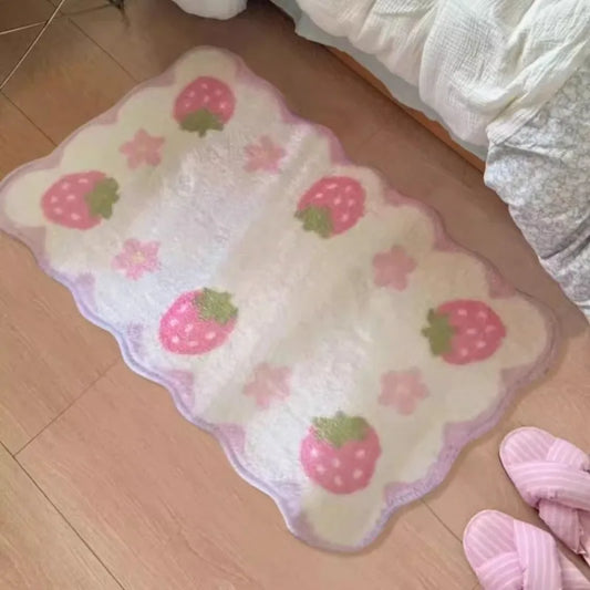 Retro Strawberry Faux Cashmere Carpet Plush Non-Slip Bedroom Bedside Cloakroom Floor Mat