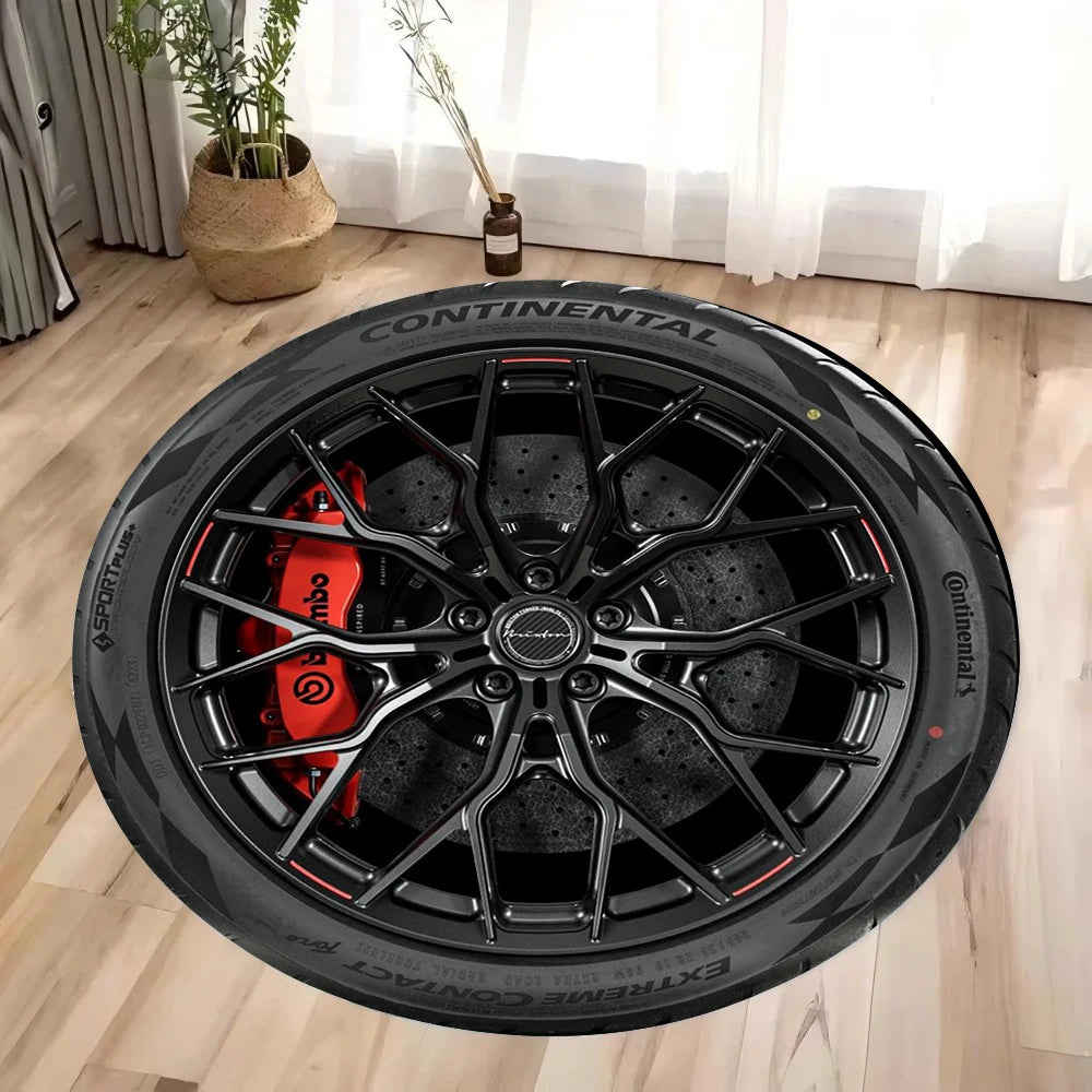 Sporty wheel rim design accent rug