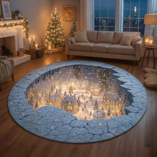 3D Christmas village snow town rug