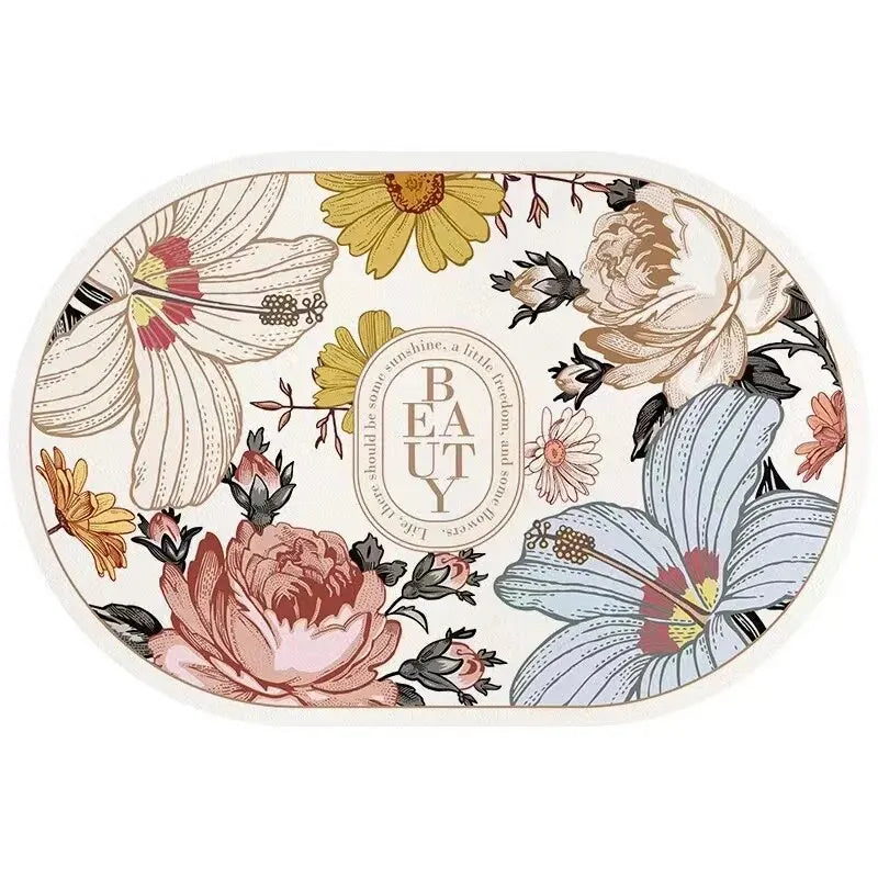 VIKAMA 40X60CM Oval Crystal Velvet Carpet Garden Flower Style Bathroom Toilet Living Room Room Door Non-Slip Mat