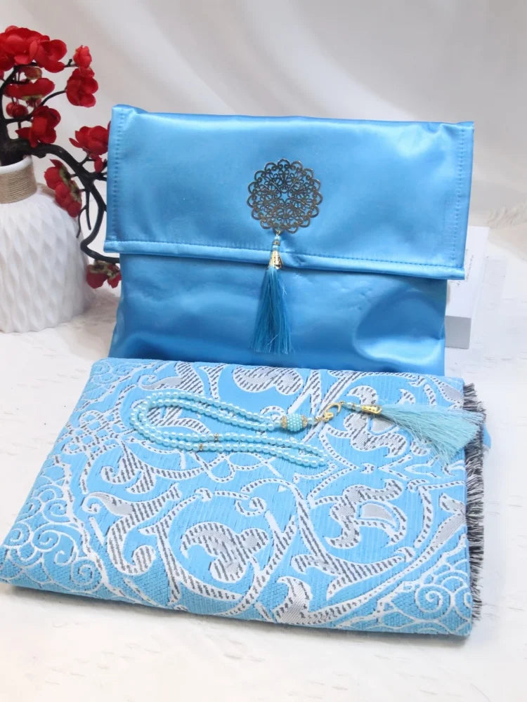 Muslim prayer rug set with beads and bag
