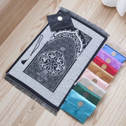 Muslim prayer rug set with beads and bag