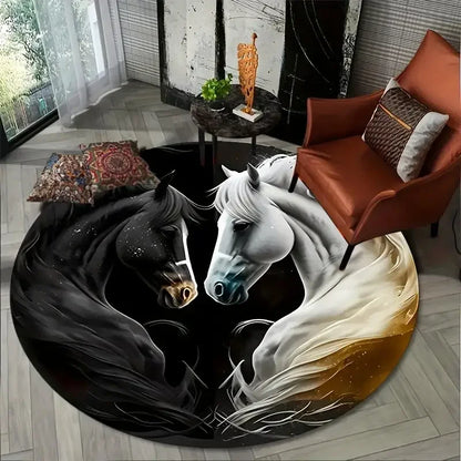 Horse Print Round Area Rug Non-Slip Machine Washable Carpet Bedroom Living Room Laundry Room Home Decor