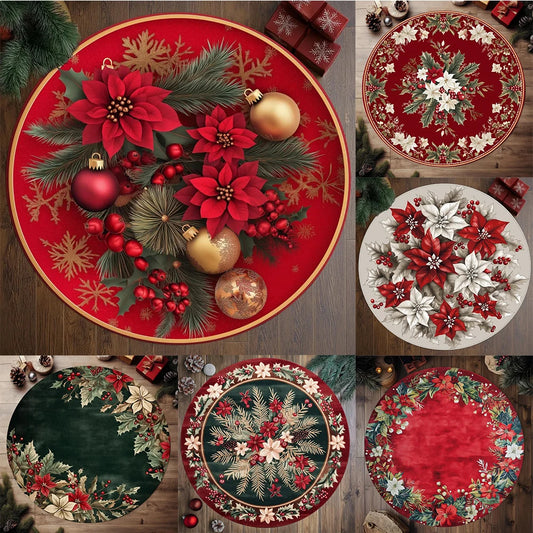 VIKAMA Christmas Poinsettia Round Non-Slip Area Rug