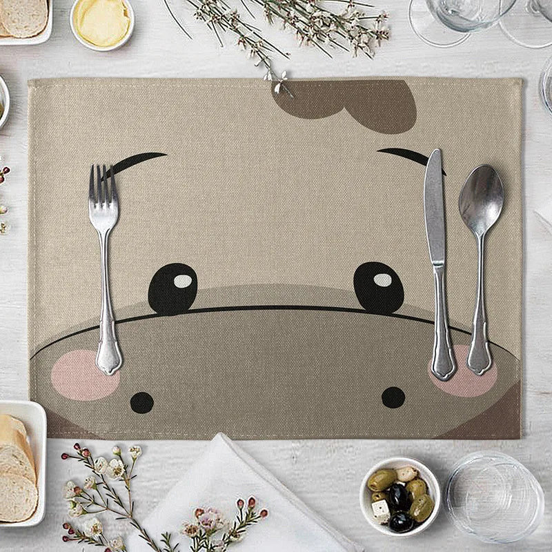 Cute Animal Linen Kids Placemat Set (Pig Bear Frog Fox Pattern)