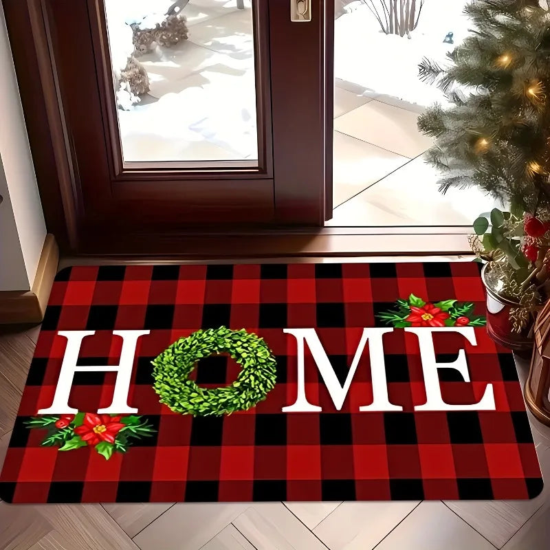 Christmas Welcome Mat Red Green Wreath Holly Floor Rug Holiday Decor Door Mat
