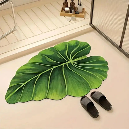 VIKAMA Bath Mat Non-Slip Quick-Dry Absorbent Green Shower Rug Washable Thin Leaf Design