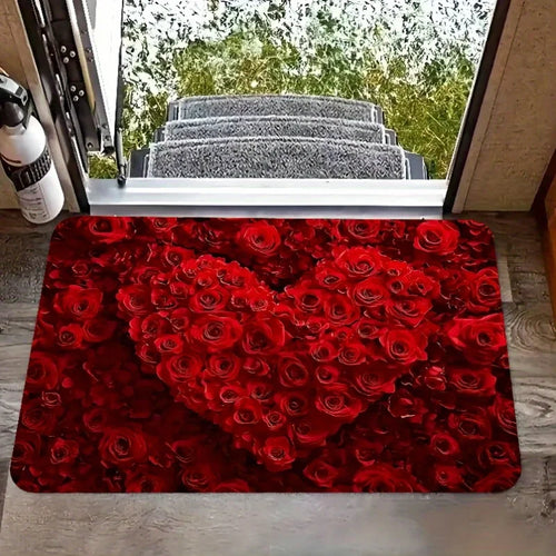 VIKAMA Vibrant Rose Carpet Heart Love Valentine Rug Non-Slip Doormat Welcome Mat Bedroom Living Room Carpet Home Decor
