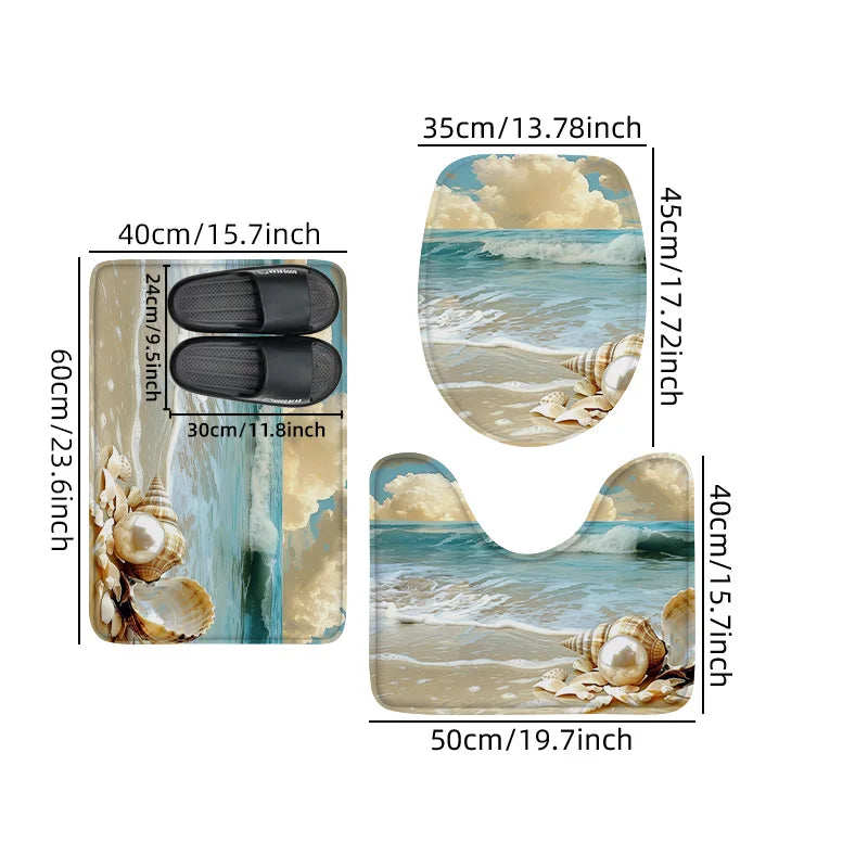 Washable 3-Piece Bathroom Rug Set Non-Slip Ocean Theme Flannel Shell Print Toilet Mat Bathtub Foot Pad Door Rug Home Decor