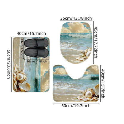 Washable 3-Piece Bathroom Rug Set Non-Slip Ocean Theme Flannel Shell Print Toilet Mat Bathtub Foot Pad Door Rug Home Decor
